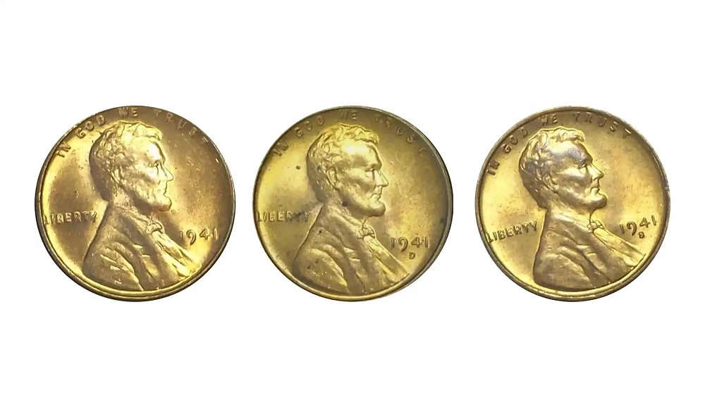 1941 Lincoln Wheat Pennies from all three mints — Philadelphia, Denver, and San Francisco — plus proof, showing comparison of all 1941 varieties