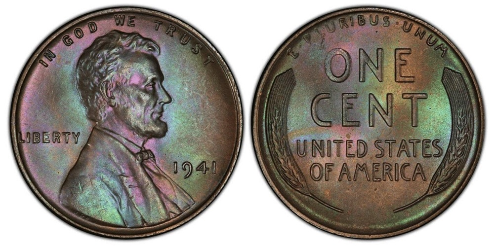 1941 wheat penny grading strip showing four condition tiers from Good to Mint State side by side